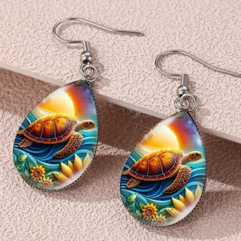 Colorful Beach‎ Summer Art Vacation Boho Animal Print Turtle Drop Earrings